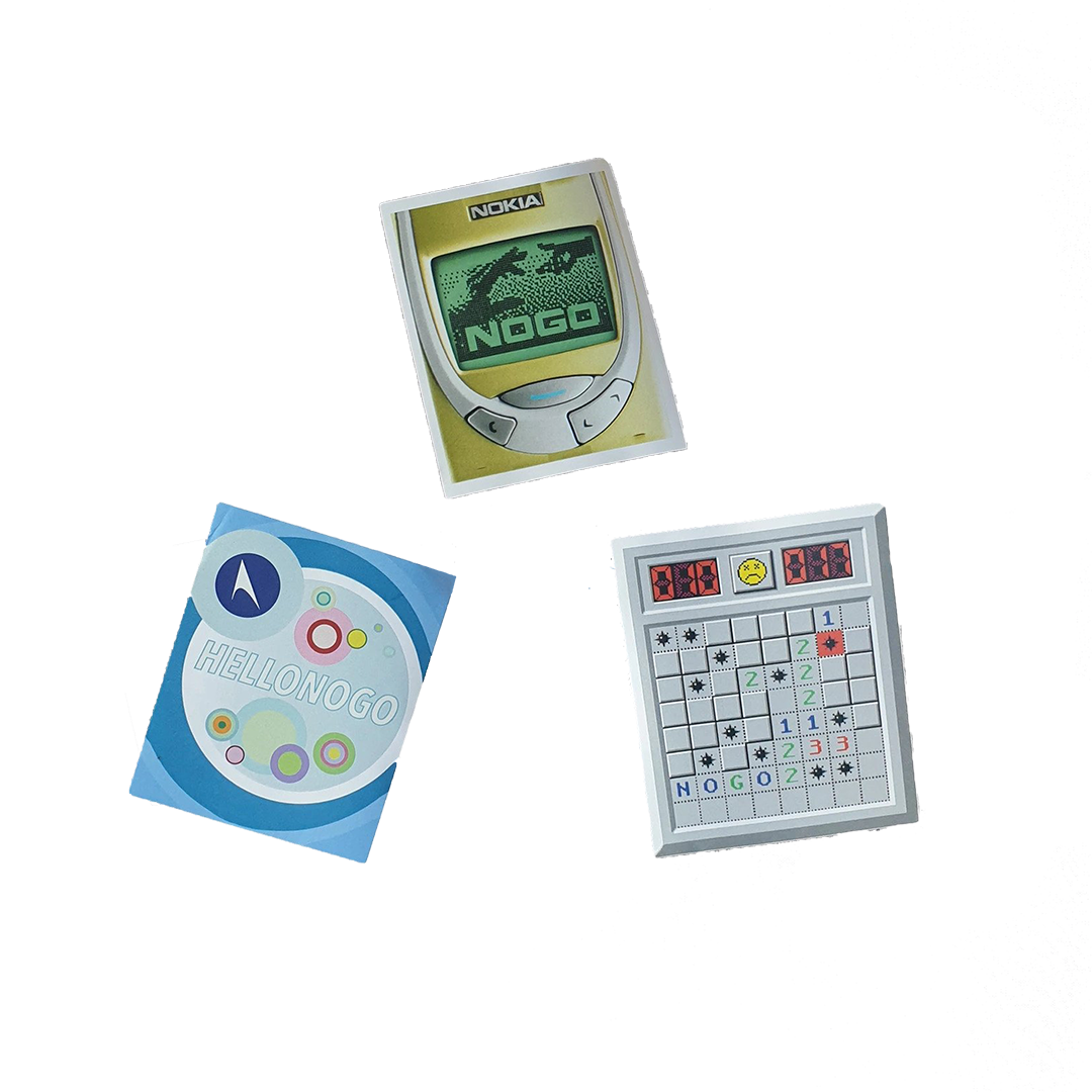 3 stickers with nokia, hellonogo and minesweeper designs on