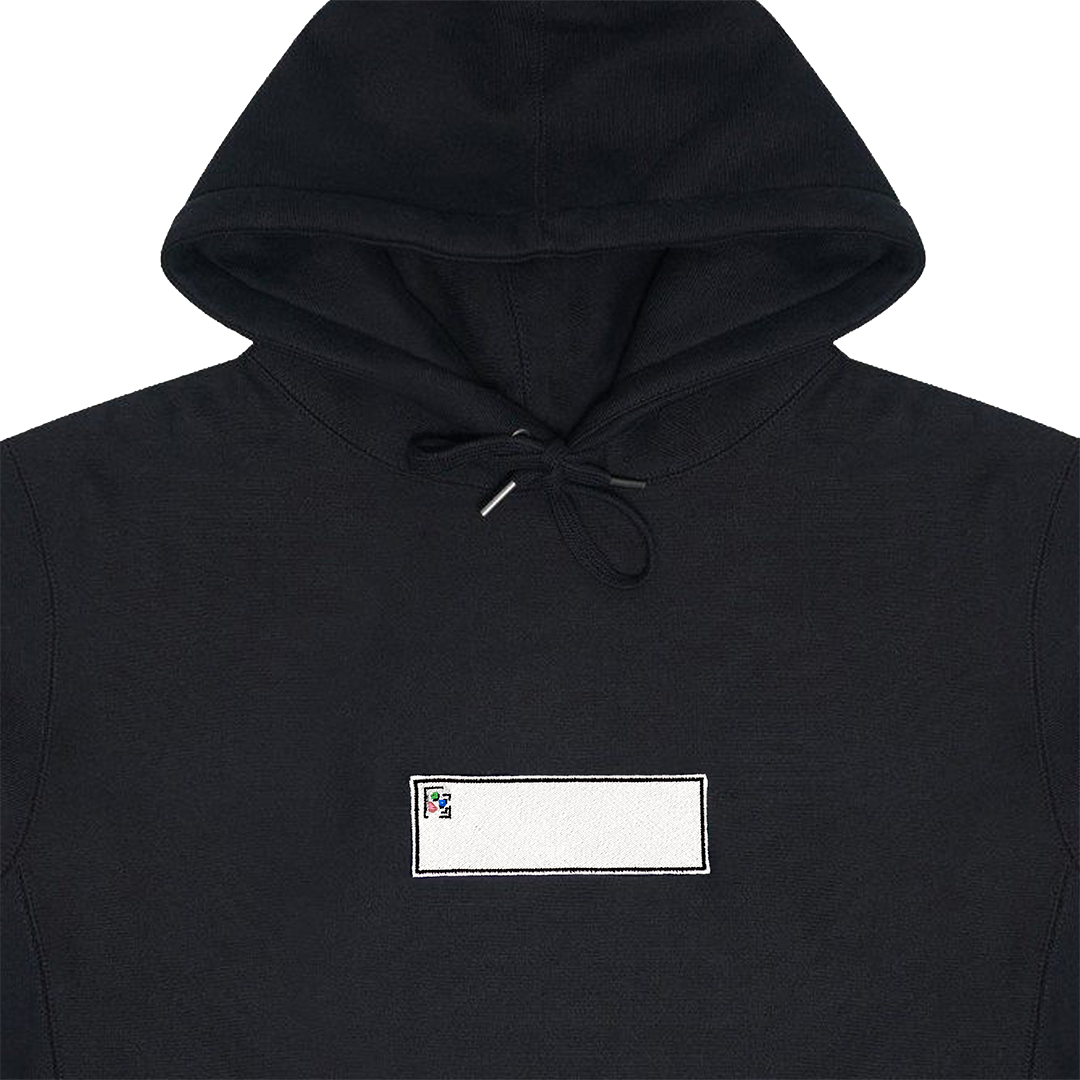 Collar shot photograph of black hoodie with embroidery design