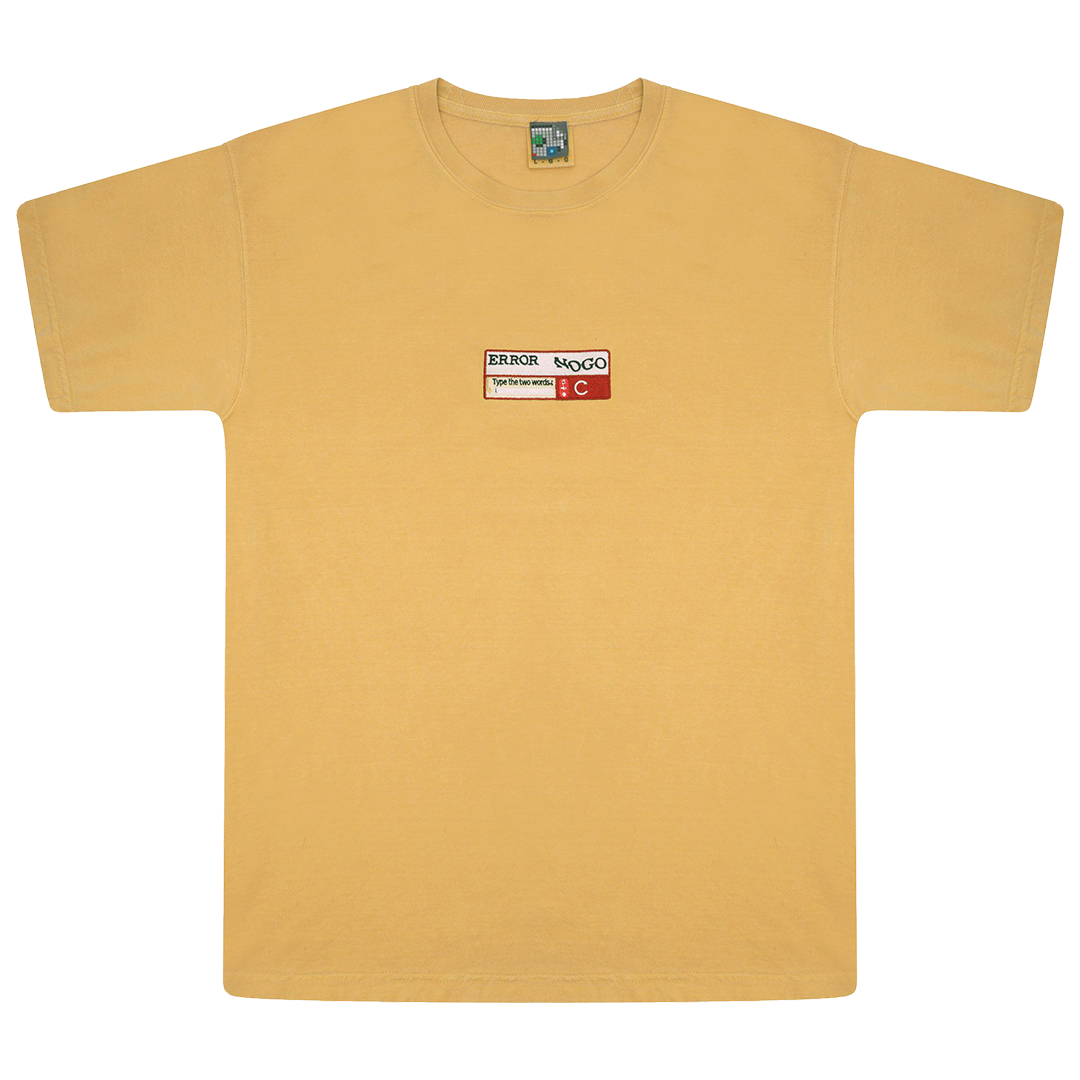 Photograph of yellow tshirt with captcha embroidery design
