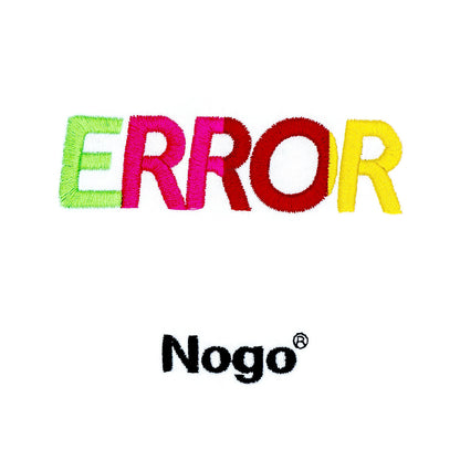 Close-up photograph of embroidery design that reads error nogo