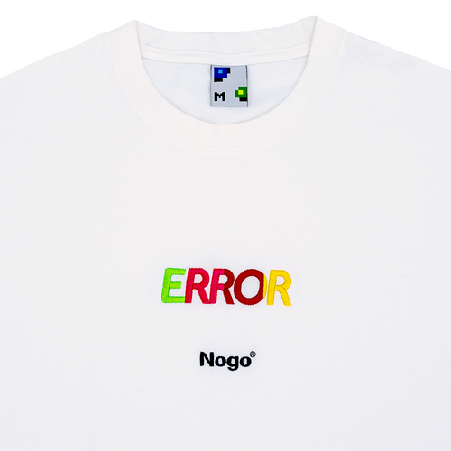 Collar shot photograph of white tshirt with embroidery design that reads error nogo