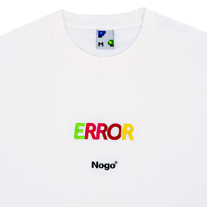 Collar shot photograph of white tshirt with embroidery design that reads error nogo