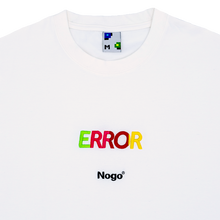 Load image into Gallery viewer, Collar shot photograph of white tshirt with embroidery design that reads error nogo

