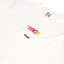 Load image into Gallery viewer, Side-angle photograph of white tshirt with embroidery design that reads error nogo
