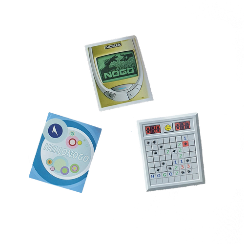 3 stickers with nokia, hellonogo and minesweeper designs on