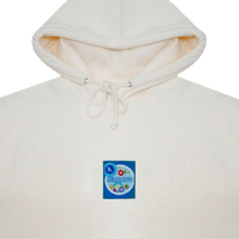 Load image into Gallery viewer, Photograph of an off-white hoodie with hellonogo embroidery design
