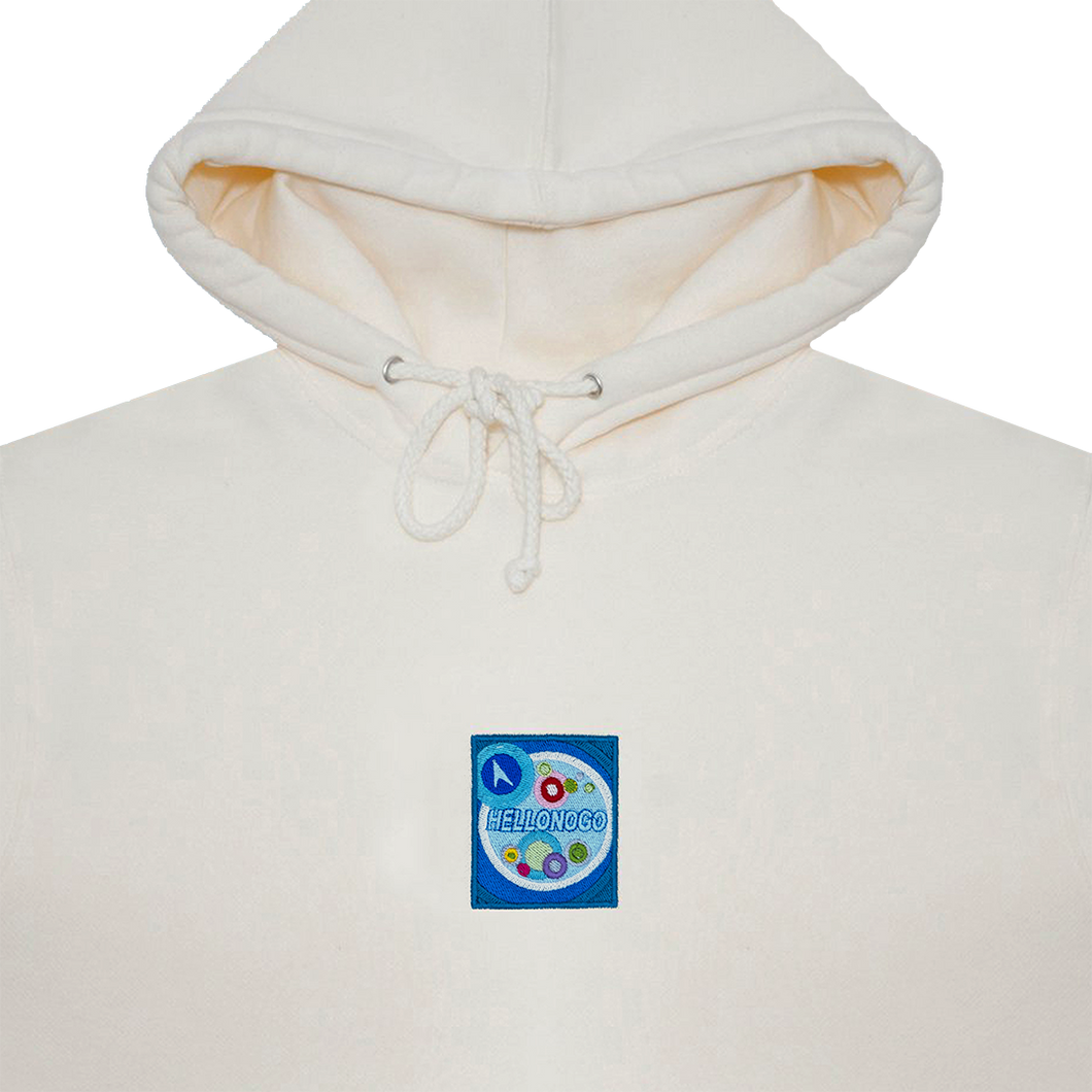 Photograph of an off-white hoodie with hellonogo embroidery design