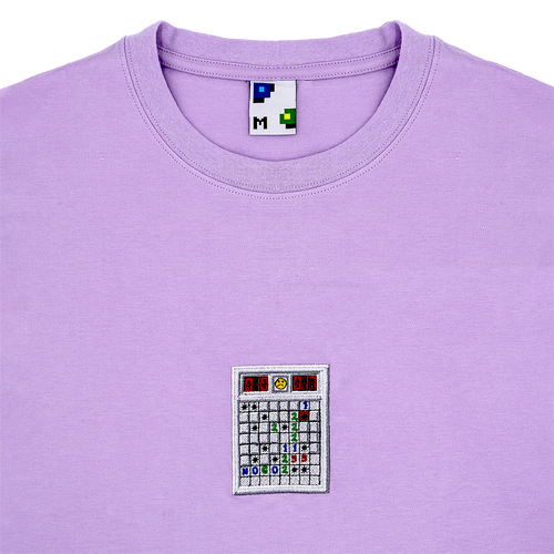 Photograph of purple tshirt with minesweeper embroidery design