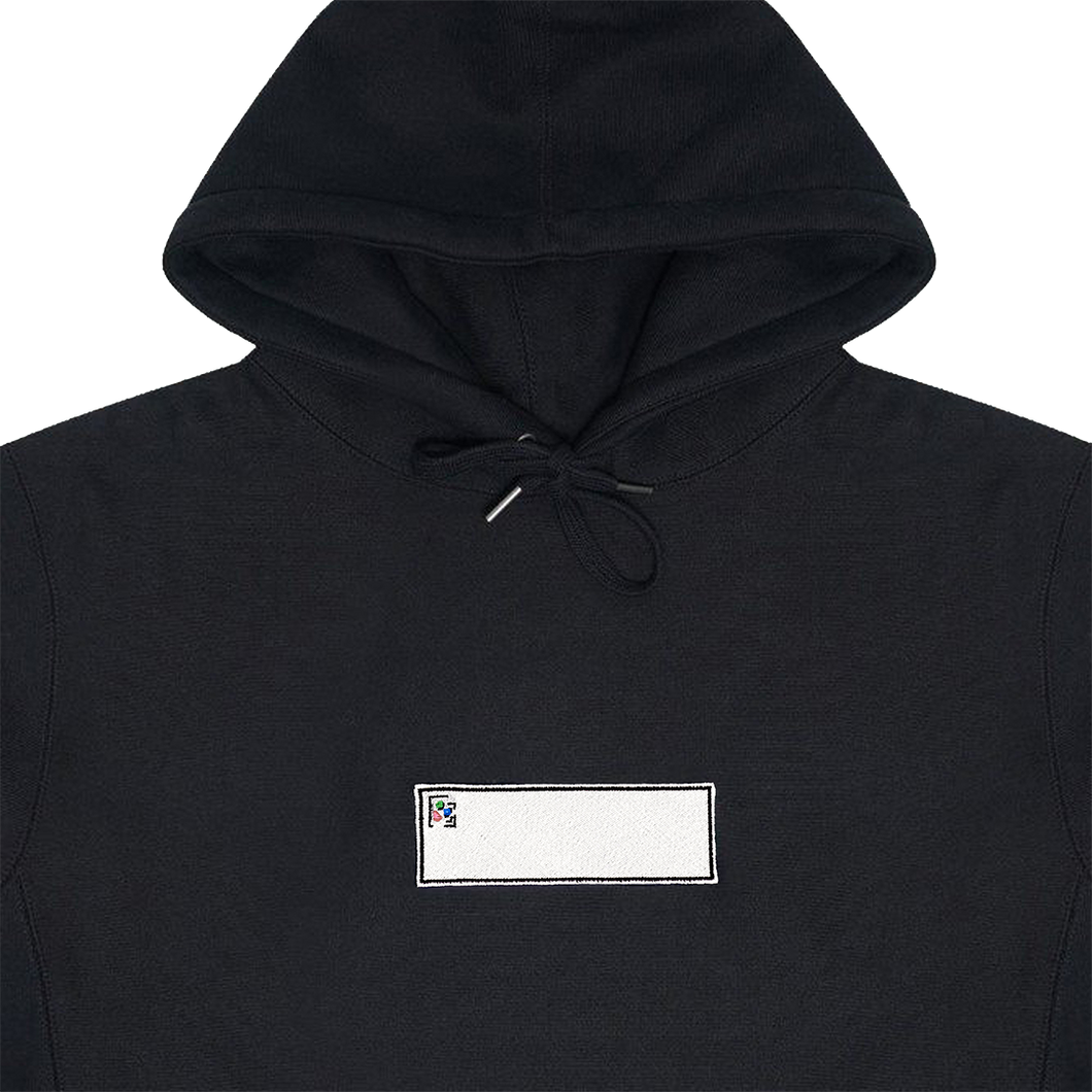 Collar shot photograph of black hoodie with embroidery design