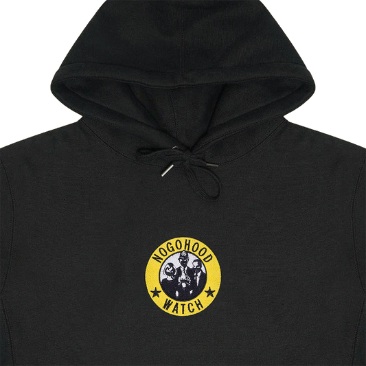 Collar shot photograph of black NOGOHOOD WATCH hoodie with yellow and white embroidery design