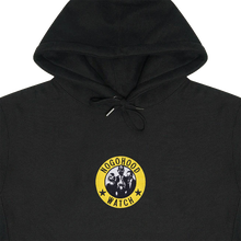 Load image into Gallery viewer, Collar shot photograph of black NOGOHOOD WATCH hoodie with yellow and white embroidery design
