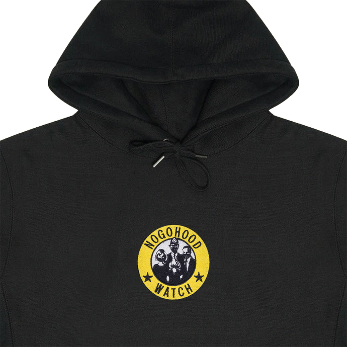 Collar shot photograph of black NOGOHOOD WATCH hoodie with yellow and white embroidery design