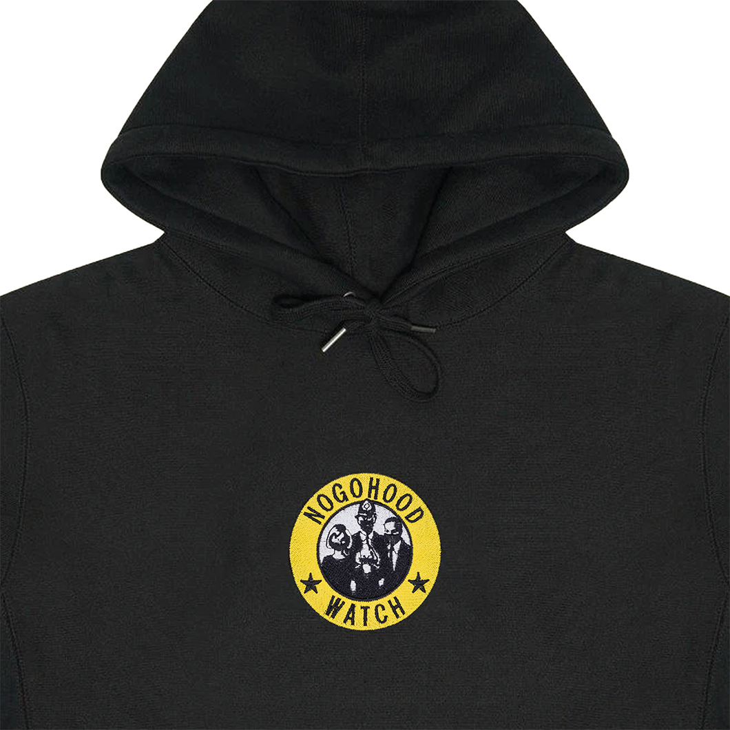 Collar shot photograph of black NOGOHOOD WATCH hoodie with yellow and white embroidery design