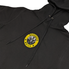 Load image into Gallery viewer, Side angle photograph of black NOGOHOOD WATCH hoodie with yellow and white embroidery design
