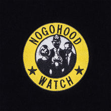 Load image into Gallery viewer, Close-up yellow, black and white embroidery design that reads NOGOHOOD WATCH
