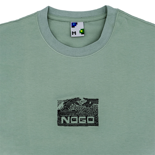 Collar shot photograph of green tshirt with embroidery design that reads nogo