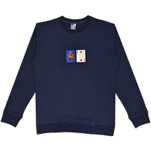Load image into Gallery viewer, Photograph of navy blue crewneck with solitaire playing card embroidery

