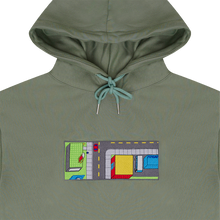 Load image into Gallery viewer, Collar shot photograph of green hoodie with embroidery design
