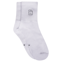 Load image into Gallery viewer, Photograph of white socks with sad face embroidery design
